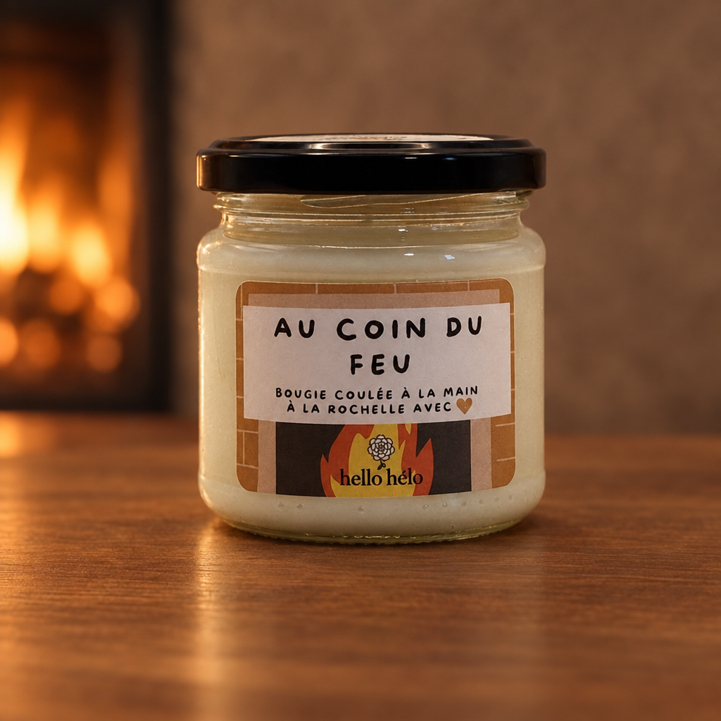 Bougie artisanale Au coin du feu, pot en verre fermé avec étiquette illustrée d'une cheminée, sur une table en bois devant un feu de cheminée flou