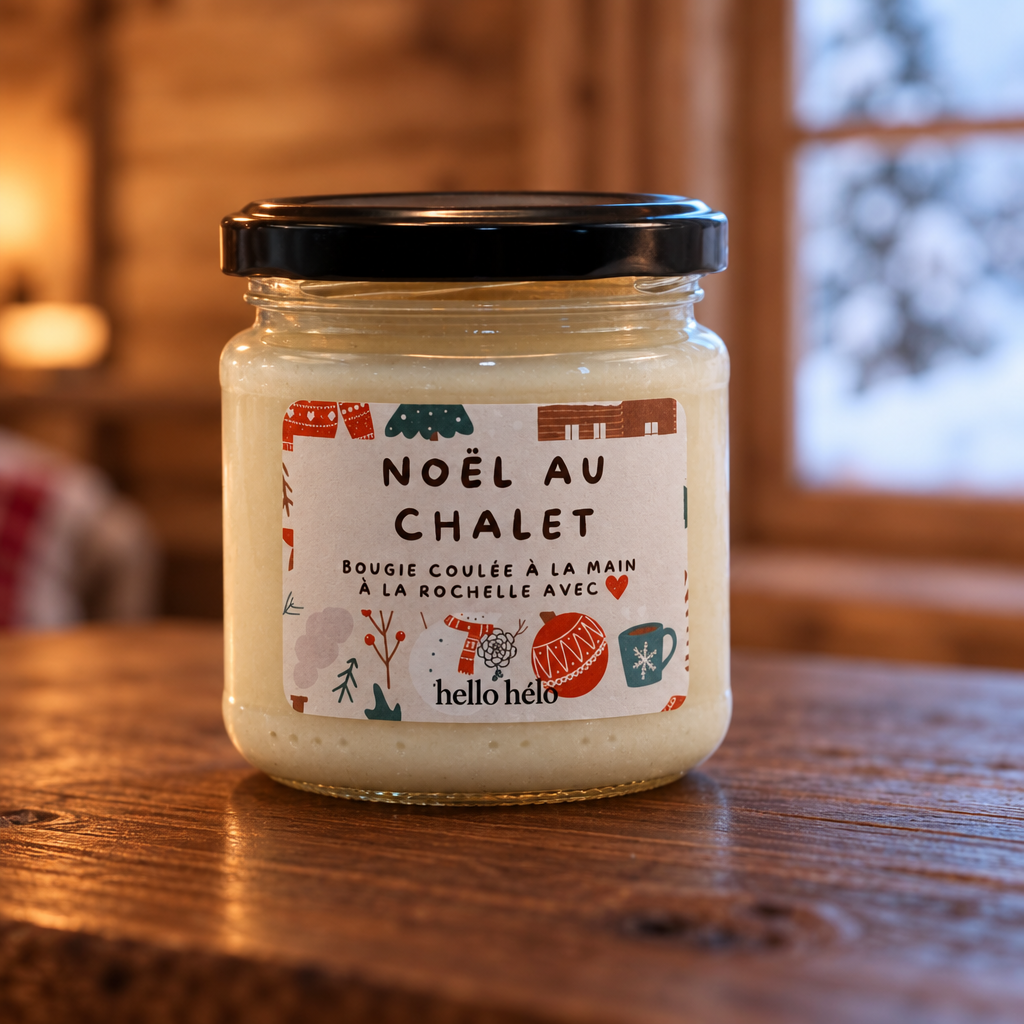 Bougie artisanale Noël au chalet, pot en verre fermé sur une table en bois sombre, près d'une fenêtre de chalet donnant sur la neige