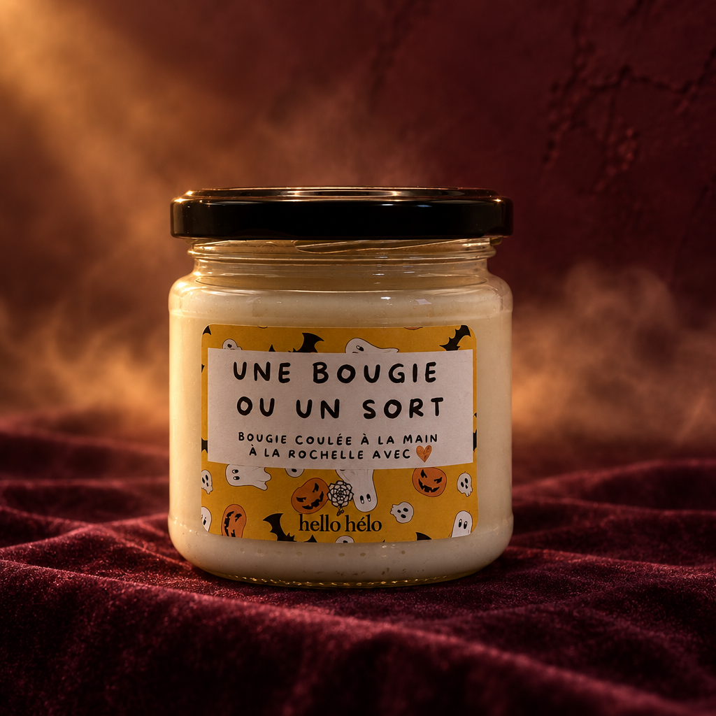 Bougie artisanale Une bougie ou un sort, pot en verre fermé avec étiquette illustrée de fantômes et de citrouilles, sur un velours prune