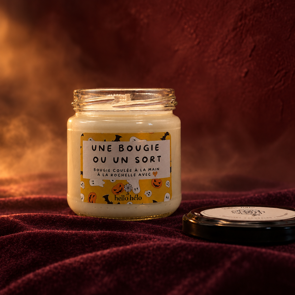 Bougie artisanale Une bougie ou un sort, pot en verre ouvert avec son couvercle noir posé à côté, sur un velours prune
